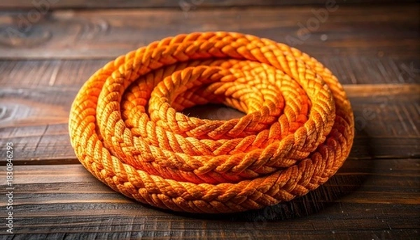 Obraz Coiled Orange Synthetic Rope on Dark Wooden Surface with Braided Texture and Vivid Contrast