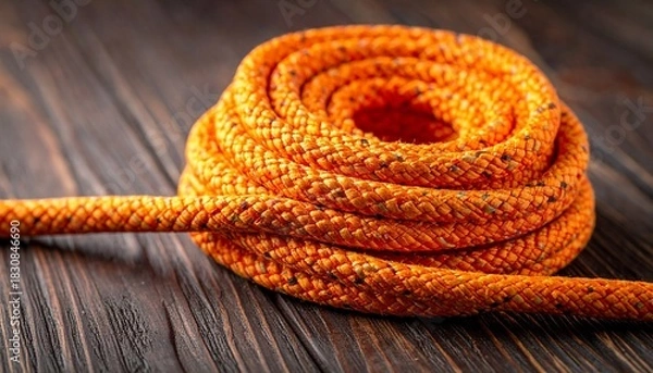 Obraz Coiled Orange Synthetic Rope on Dark Wooden Surface with Braided Texture and Vivid Contrast