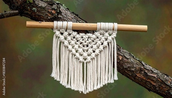 Obraz Symmetrical Macramé Wall Hanging on Wooden Dowel Suspended Outdoors with Natural Background