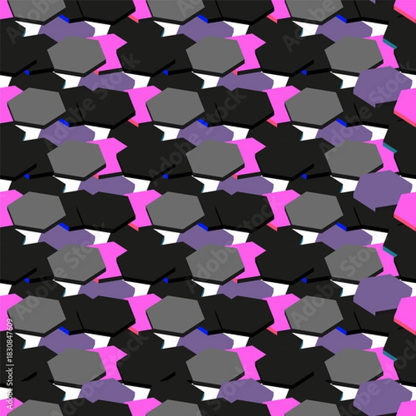 Obraz A dynamic seamless pattern featuring layered hexagons in neon tones with 3D depth, perfect for apparel, tech visuals, digital graphics, backgrounds and creative packaging layouts.