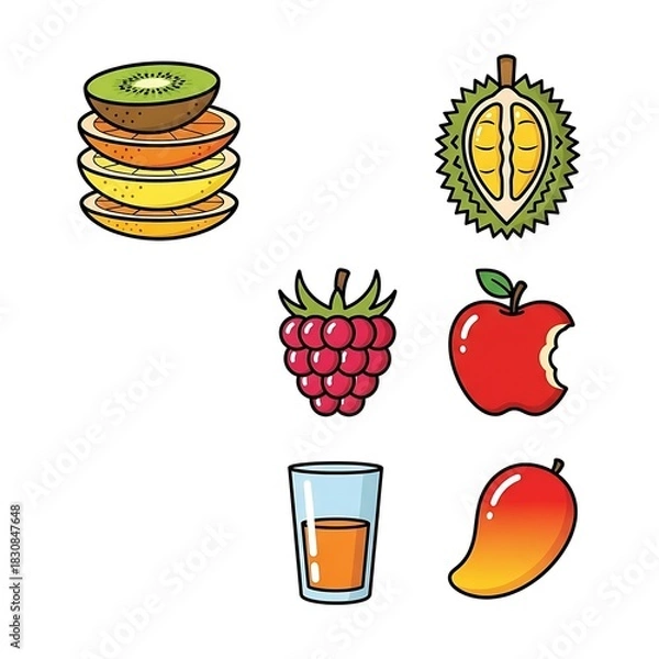 Obraz Colorful cartoon fruit icon set with apple, mango, durian, raspberry, and juice.