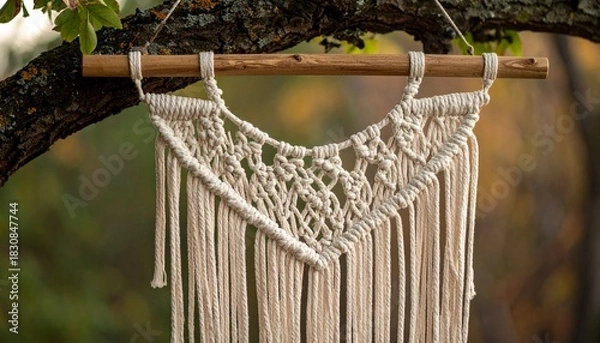 Obraz Symmetrical Macramé Wall Hanging on Wooden Dowel Suspended Outdoors with Natural Background