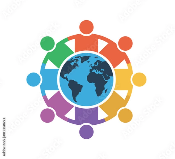 Obraz A diverse group of people holds hands around a stylized globe, symbolizing global unity and interconnectedness.