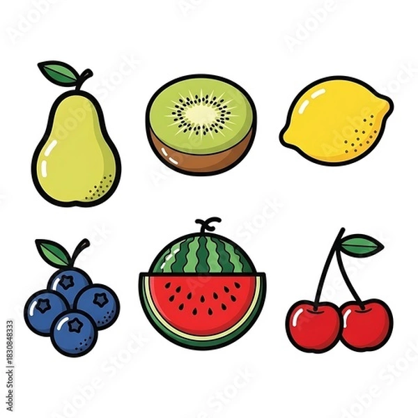 Obraz Colorful cartoon fruit icon set with pear, kiwi, lemon, blueberries, watermelon, and cherries.