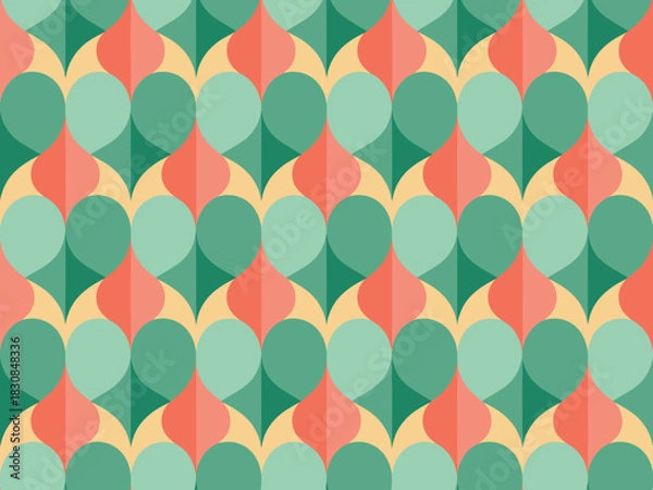 Obraz A repeating geometric pattern in shades of teal, coral, and yellow creates a retro-inspired background.