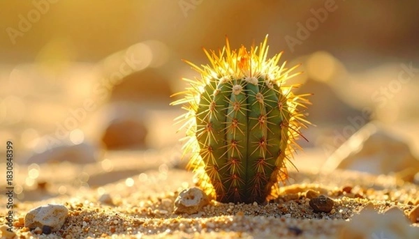 Obraz Green Cactus Illuminated by Sunlight in Sandy Desert with Blurred Background and Natural Rocks