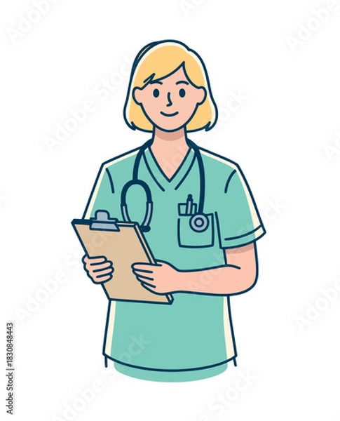 Obraz A friendly nurse with a stethoscope around her neck holds a clipboard while wearing teal scrubs, representing the healthcare profession.