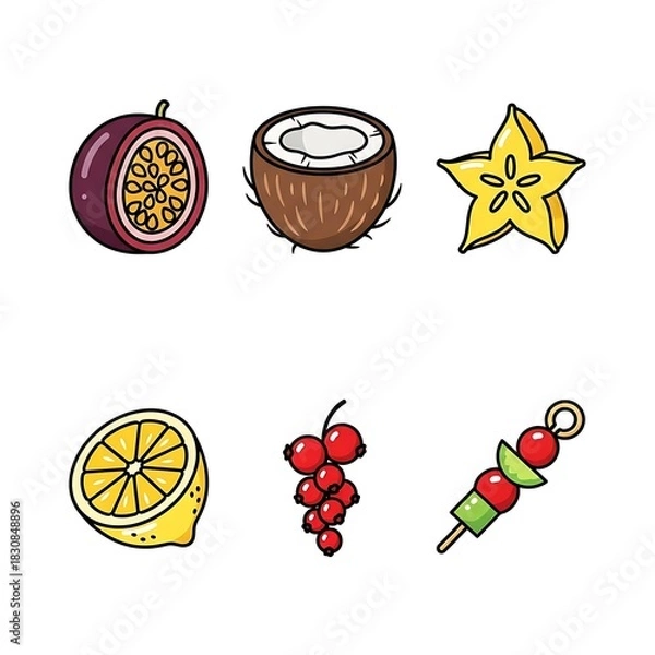 Obraz Colorful cartoon icon set of tropical fruits, berries, and a vegetable skewer.
