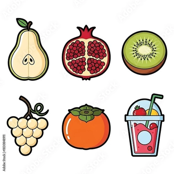Obraz Colorful cartoon fruit icon set with pear, pomegranate, kiwi, grapes, persimmon, and a smoothie.