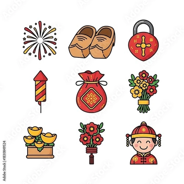 Obraz Colorful Chinese New Year Icon Collection with Fireworks, Money Bag, and Traditional Elements