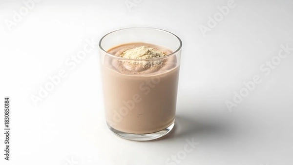 Fototapeta Chocolate smoothie in a clear glass with powder topping on a white background drink beverage