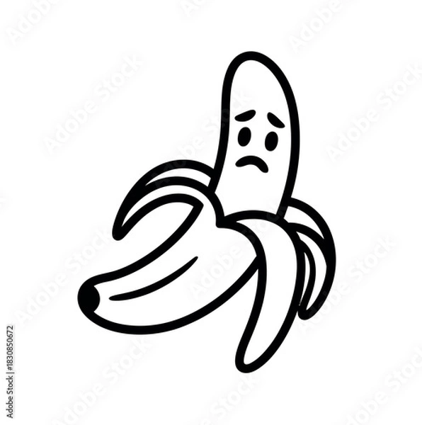Obraz A sad, peeled banana with a worried expression depicted in a simple black and white line drawing.