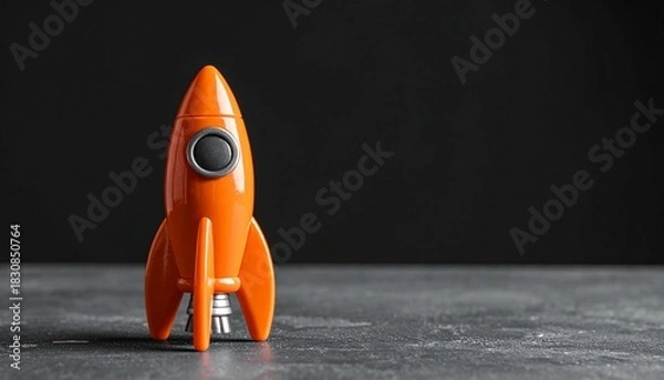 Obraz Orange Toy Rocket Standing Upright on Dark Surface with Black Background