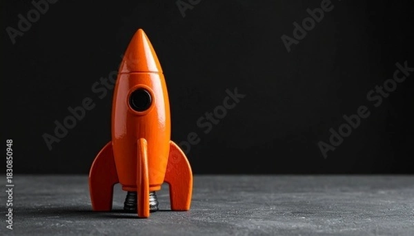 Obraz Orange Toy Rocket Standing Upright on Dark Surface with Black Background