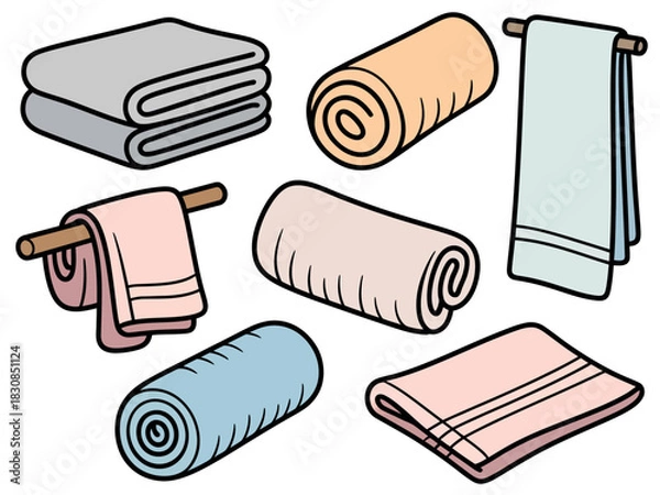 Obraz A collection of neatly folded and rolled towels in various colors and textures are displayed against a white background.