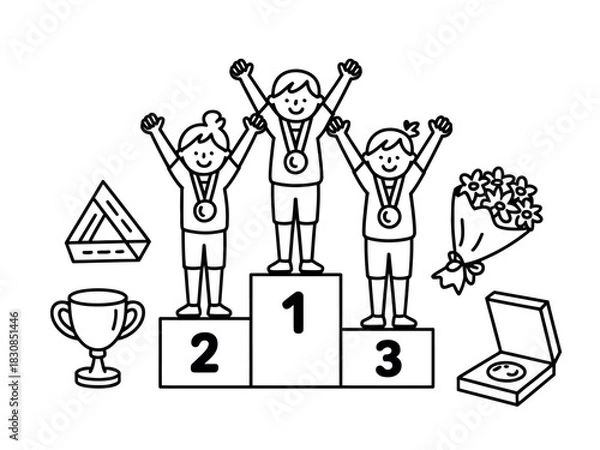 Obraz Three young athletes celebrate their victory on a podium, holding medals and surrounded by symbols of achievement like a trophy and a bouquet of flowers.