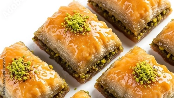 Fototapeta Close up of layered baklava pastries topped with chopped pistachios and syrup pastry dessert