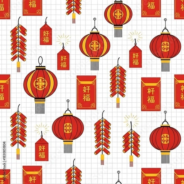 Obraz Festive Chinese New Year pattern with red lanterns, firecrackers, and lucky money envelopes.