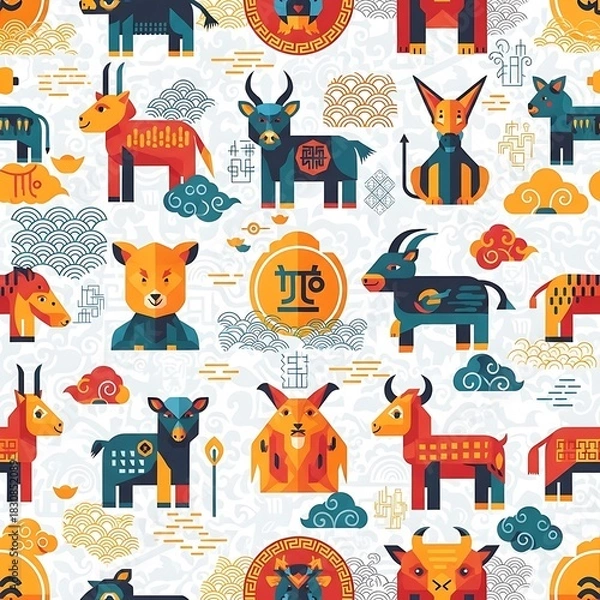 Obraz Colorful Seamless Pattern with Geometric Chinese Zodiac Oxen and Traditional Asian Motifs