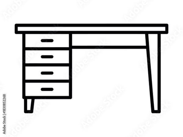 Obraz A simple black and white line drawing depicts a wooden desk with four drawers on the left side and three legs.