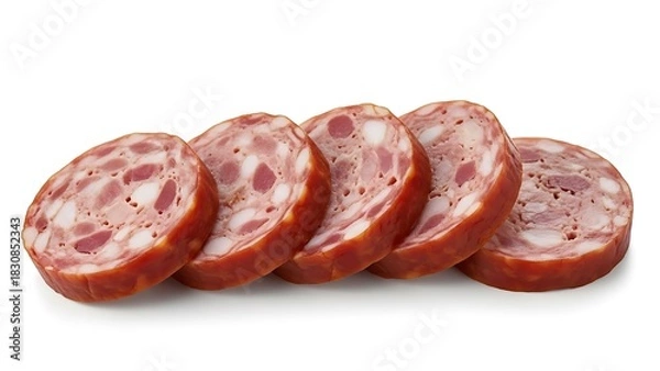 Fototapeta Five Sliced Rounds of Smoked Sausage with Visible Fat and Meat Chunks food pork