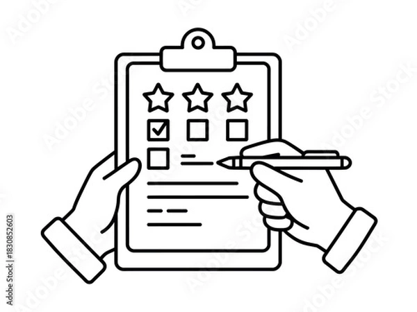Obraz A hand is filling out a survey on a clipboard, marking a checkbox and rating with stars.