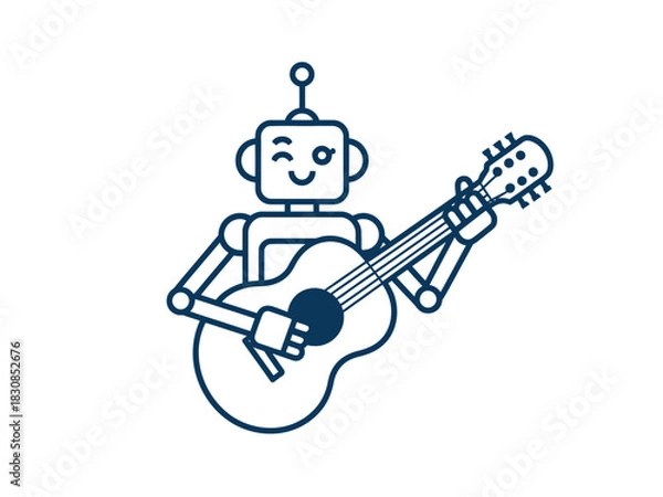 Fototapeta A charming robot character plays an acoustic guitar with a cheerful wink, symbolizing the intersection of technology and music.
