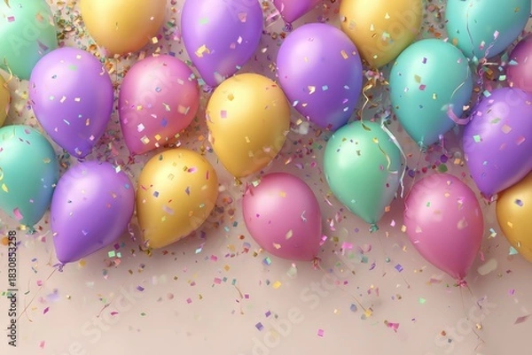 Fototapeta Pastel balloons and confetti on a light background create a festive scene. Ideal for birthdays, celebrations, or any joyous, lighthearted occasion.