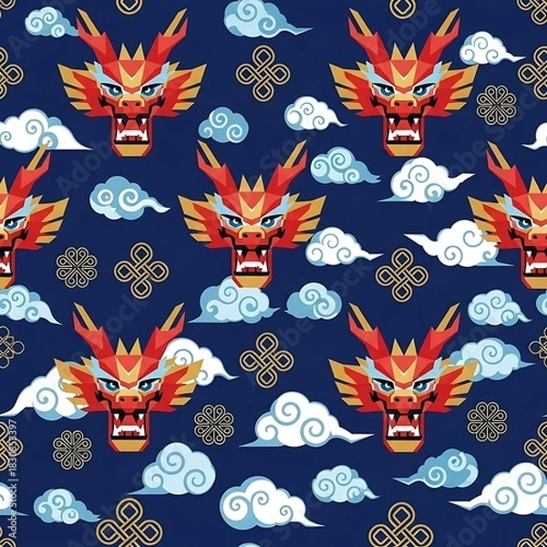 Obraz Geometric Chinese Dragon Heads with Stylized Clouds and Knots Seamless Pattern