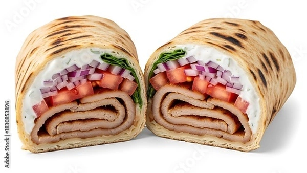 Fototapeta Grilled Chicken Wrap Cut in Half Showing Layers of Meat Vegetables and Sauce sandwich