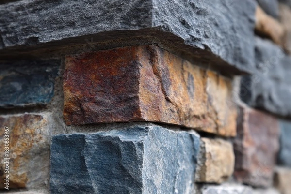 Fototapeta Stone wall detail features blue, brown, and grey blocks in a rough texture. Use as backdrop for construction, architecture, or natural material needs.