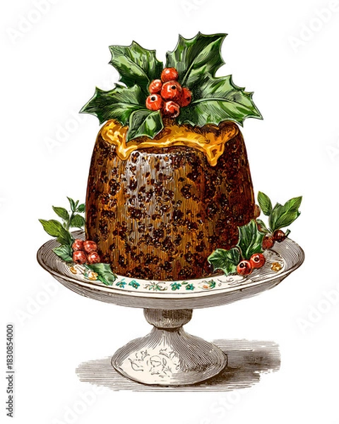 Fototapeta victorian christmas cake with berries on a plat isolated on white background illustration