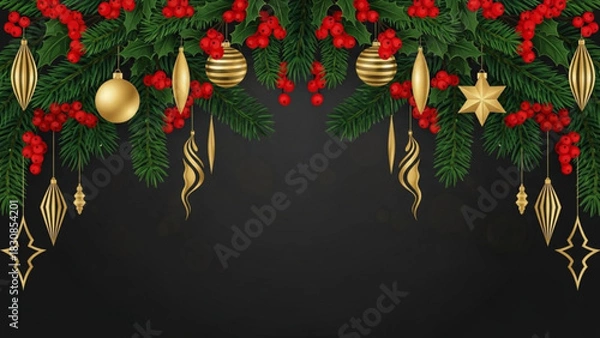 Fototapeta Christmas holiday background with golden ornaments fir tree branches and red berries festive season decoration