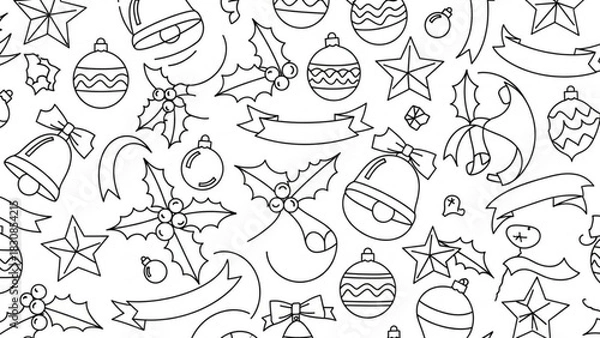 Fototapeta Christmas seamless pattern background with ornaments bells holly and stars vector illustration design