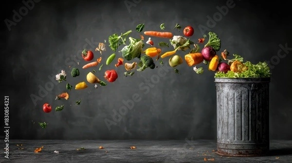 Fototapeta Fresh colorful vegetables are tossed into a trash can. It shows food waste, compost, and environmental issues.