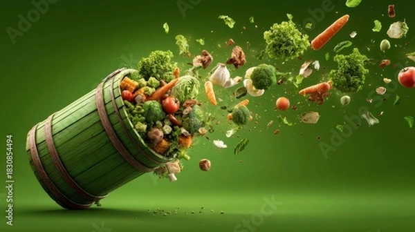 Fototapeta Green barrel spills vibrant vegetables on a green background. Perfect for healthy eating, fresh produce, and farm concepts.