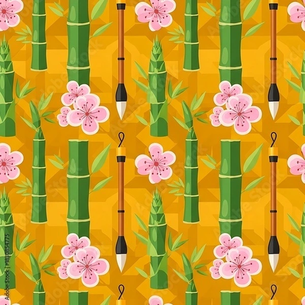 Obraz Seamless Asian-inspired pattern with green bamboo stalks, pink cherry blossoms, and calligraphy brushes on a golden yellow background.