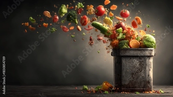 Fototapeta Assorted vegetables explode out from a grey trash can. Depicts concepts like food waste, and disposal of organic matter.