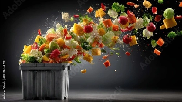 Fototapeta Chopped vegetables fly from a grey bin, on a dark background. Represents food waste, recycling, and healthy eating concepts.