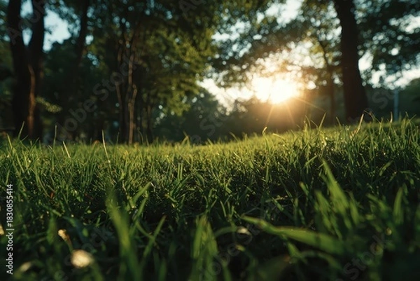 Fototapeta Green grass with a sunburst shines in this beautiful outdoor nature shot. Use this fresh image for lawn care or nature loving concepts.