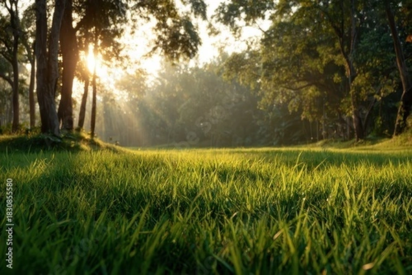 Fototapeta Sunlight streams through trees onto a green field of grass at dawn. Perfect for nature, spring, summer, or peaceful outdoor backgrounds.