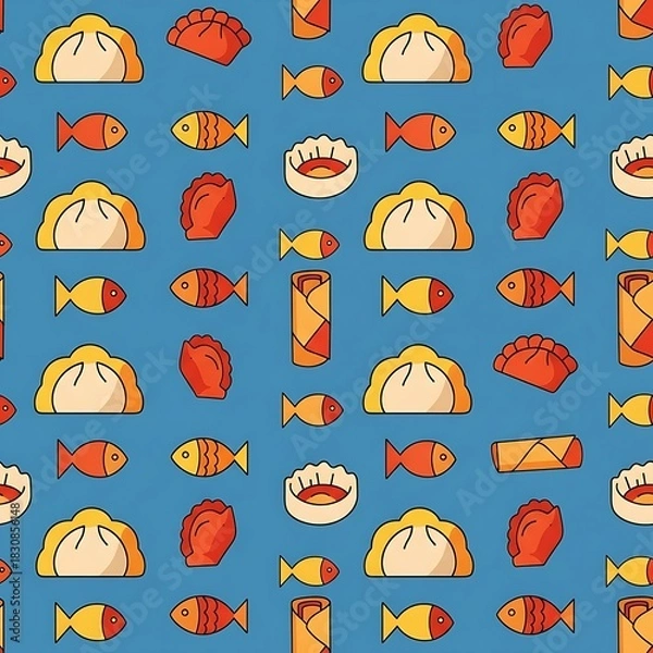 Obraz Seamless pattern of cartoon Asian food with dumplings, spring rolls, and fish on a blue background.