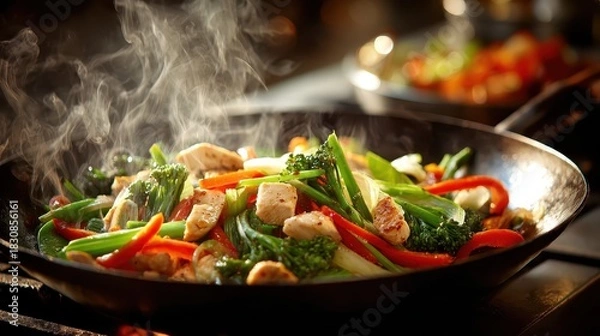 Fototapeta Stir fry with chicken, broccoli, carrots, and peppers in a wok. Use this vibrant image for health food and cooking related content.