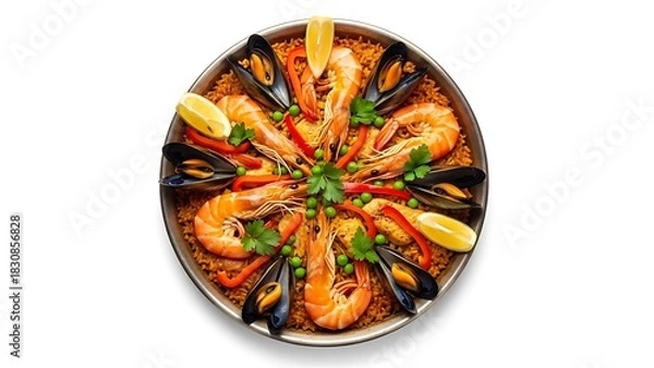 Fototapeta Overhead view of a seafood paella dish with shrimp mussels red pepper and lemon wedges