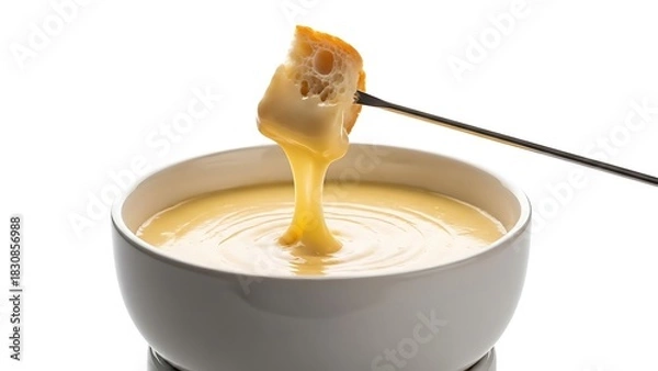 Fototapeta Piece of bread dipped in melted cheese fondue on a fork over a white bowl dipping bread