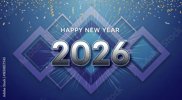 Fototapeta Elegant 2026 New Year Celebration with Confetti and Geometric Shapes on Dark Blue