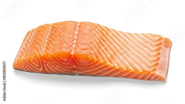 Fototapeta Raw salmon fillet with distinct white fat lines and orange flesh on white background fish