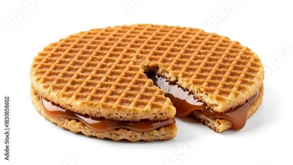 Fototapeta Round golden waffle sandwich with oozing caramel filling on white background stroopwafel