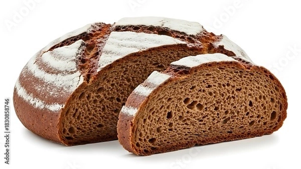 Fototapeta Rustic dark rye bread loaf with a slice cut showing porous texture and white flour dusting