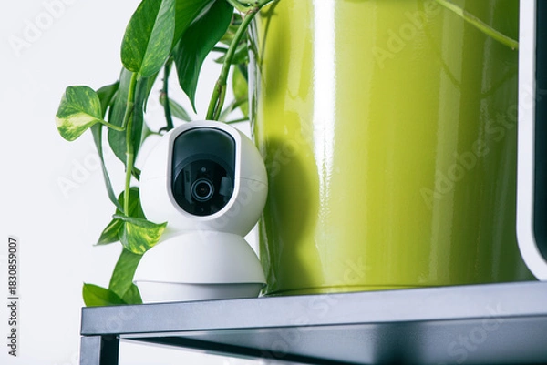 Obraz a security camera next to a green plant pot